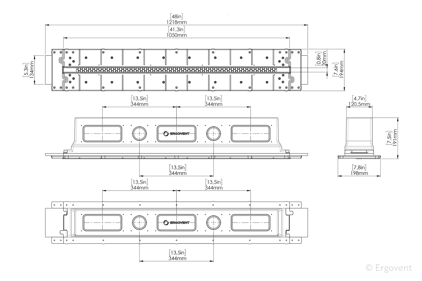 Difuzor liniar de ventilație fără cadru (încastrat în rigips) ERGOVENT LINEO PRO CONDI 125, 1050×20, racord 2×D125 2 2 ERGOVENT LINEO PRO 125 PUZZLE 1S