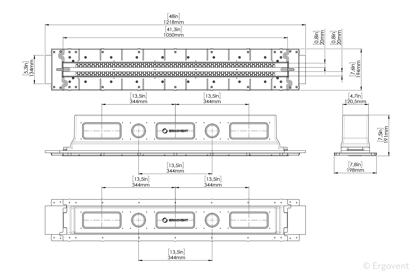 Difuzor liniar de ventilație fără cadru cu 2 fante (încastrat în rigips), ERGOVENT LINEO-PRO CONDI 125, 2×1050×20, racord 2xD125 2 2 ERGOVENT LINEO PRO 125 PUZZLE 2S